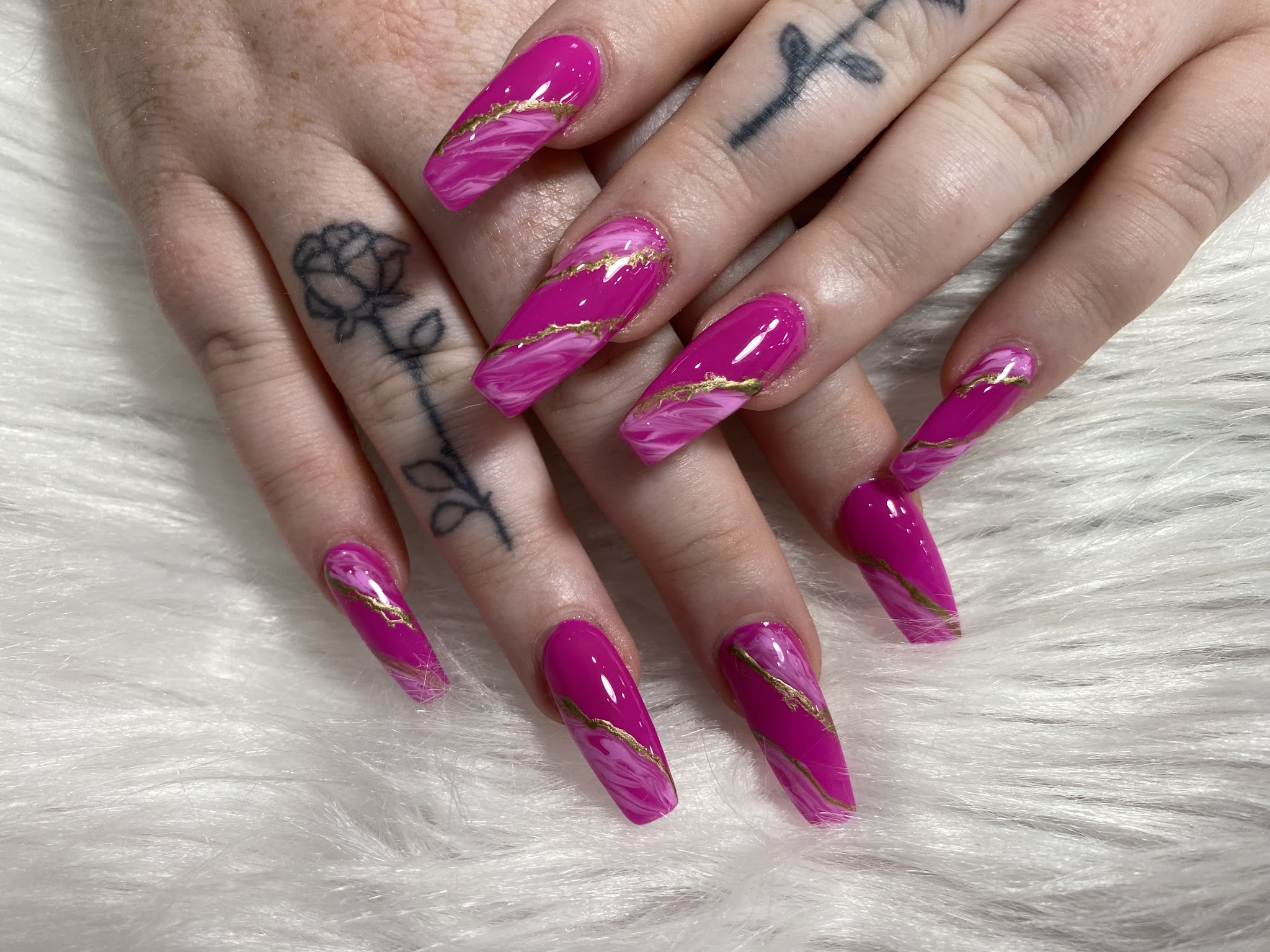 Magenta coffin acrylics with gold foil marble detail